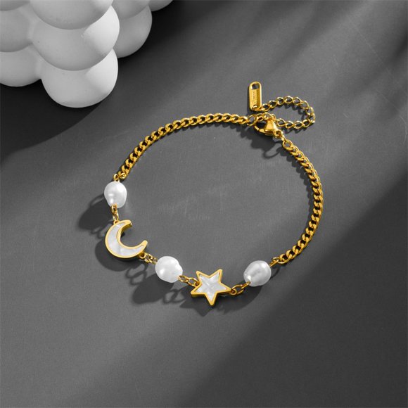 3/$35 Gold Plated Celestial Gold Charm Chain Bracelet Star Moon Pearls Stainless - Picture 1 of 7